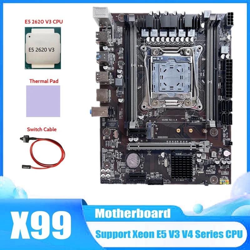 

Материнская плата X99, материнская плата для компьютера, поддержка оперативной памяти DDR4 с процессором E5 2620 V3 + кабель переключателя + термопо...
