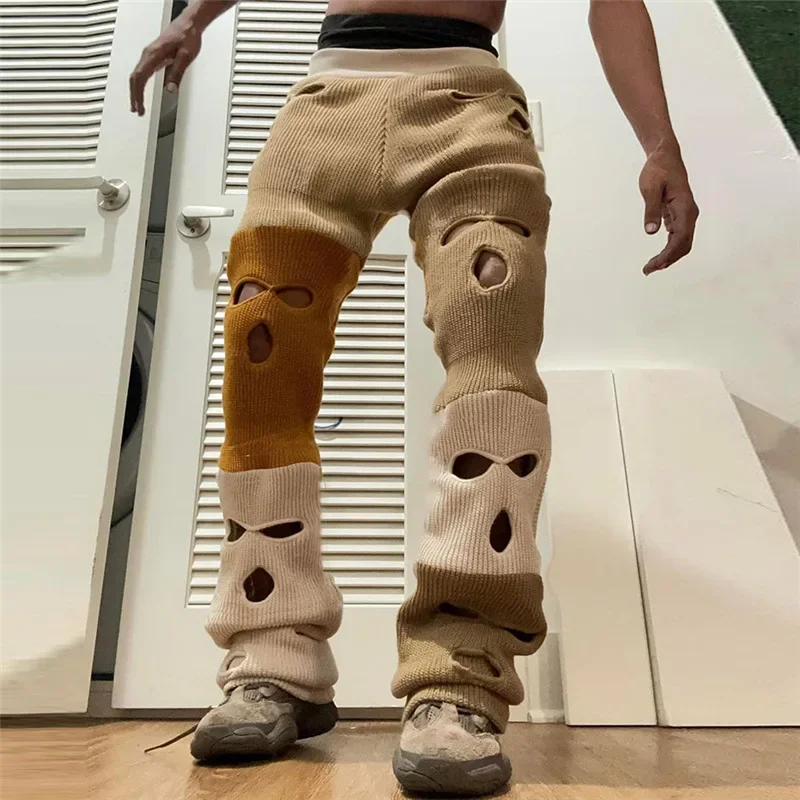 

Женские трикотажные лоскутные брюки с высокой талией, Разноцветные длинные брюки, свитер, леггинсы, женские расклешенные штаны с дырками