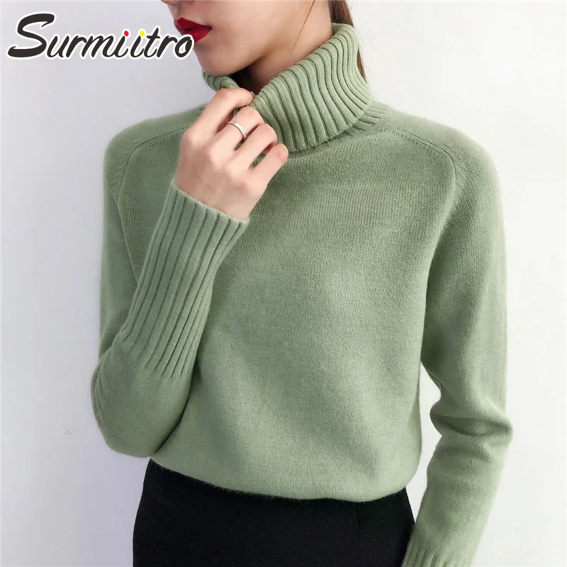 

SURMIITRO Cashmere Knitted Sweater Women 2022 Autumn Winter Korean Turtleneck Long Sleeve Pullover Female Jumper Green Knitwear