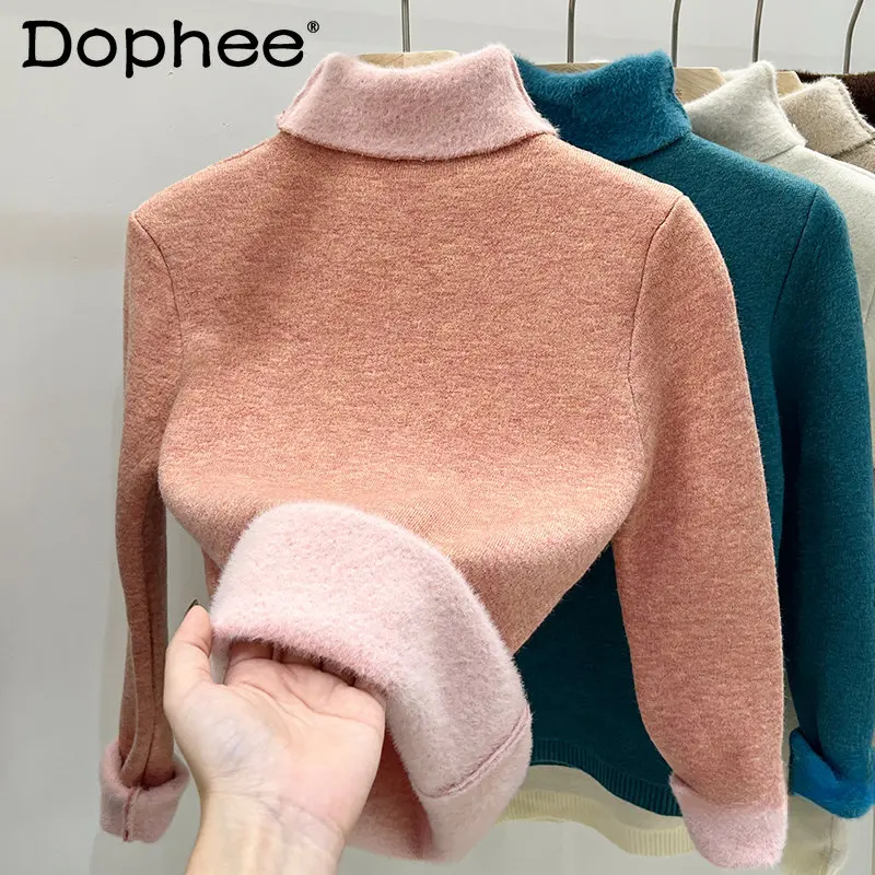 

Fleece-Lined Mink Sweater Women's Thickened Warm Pullovers Autumn and Winter Underwear New Heaps Collar Bottoming Inner Wear Top