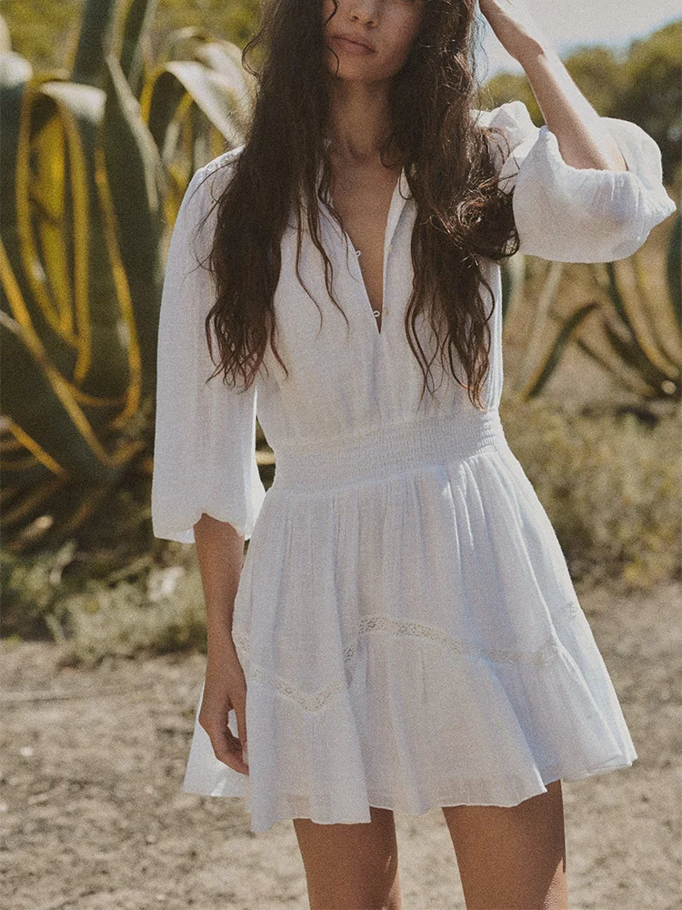 

Платья для женщин 2023 на пуговицах спереди, круглый вырез, ажурная вышивка, белое платье с длинным рукавом и эластичной талией, повседневное мини-платье