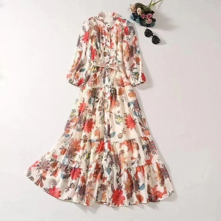 

Женская одежда в европейском и американском стиле, осень 2023, новое модное плиссированное платье с поясом и цветочным принтом, с рукавом три четверти и воротником-стойкой