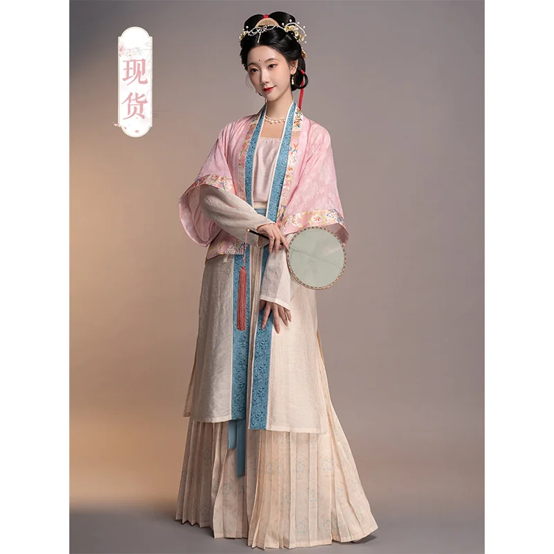 ShangGongYu 3 PCs Original Spring Theme Hanfu Set Chinese Style Song Dynasty Flower Embroidered Pink Coat Robe Pleated Dress