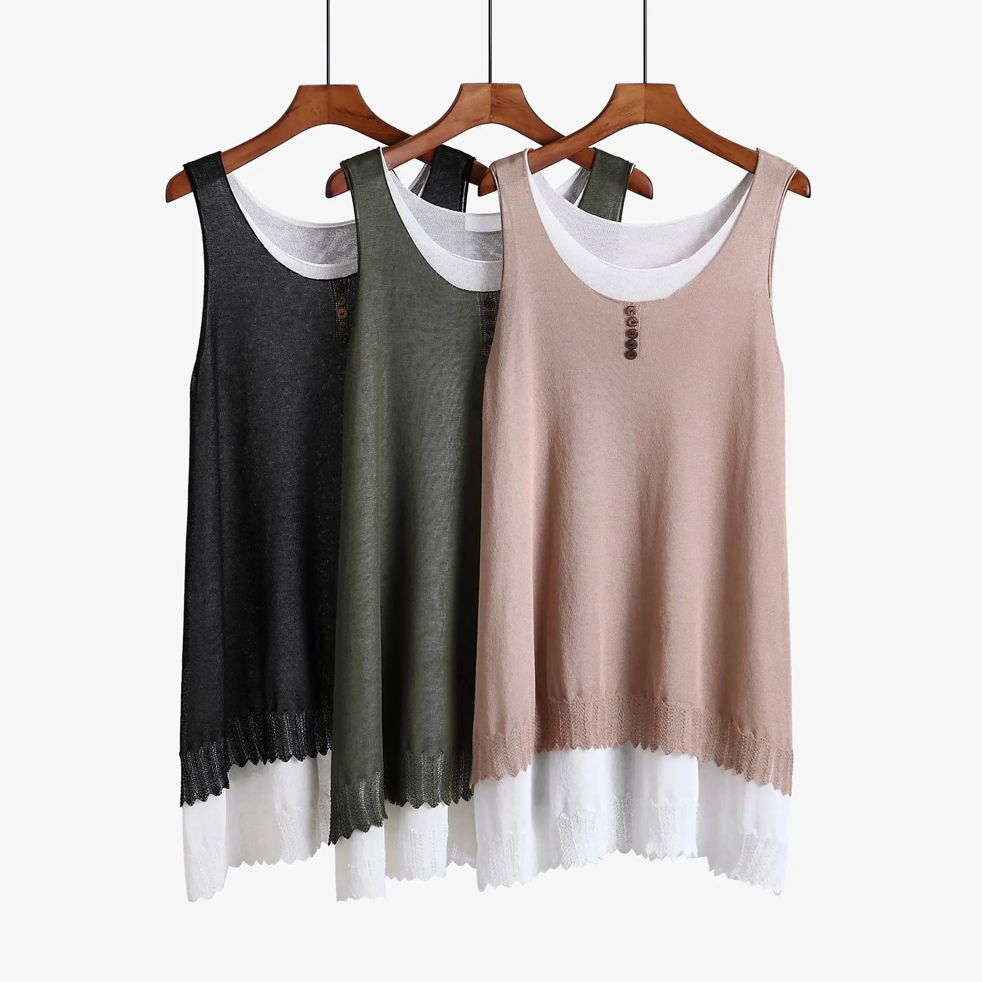 

Модный женский вязаный Топ-тонкая однотонная майка из двух частей без рукавов с круглым вырезом Повседневный базовый вязаный Топ женский ж...