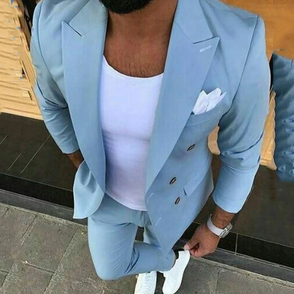

Summer Light Blue Slim Fit Men Suits For Groom Wedding Double Breasted Tuxedo 2 Piece Jacket Pants Set Formal Prom Costume Homme