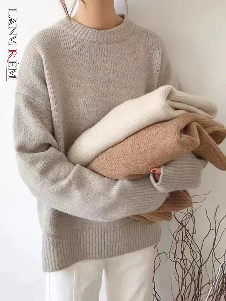 

LANMREM Casual Knitted Pullover Sweater Women Round Neck Long Sleeves Solid Color Tops Versatile 2023 Winter New 2AA3407