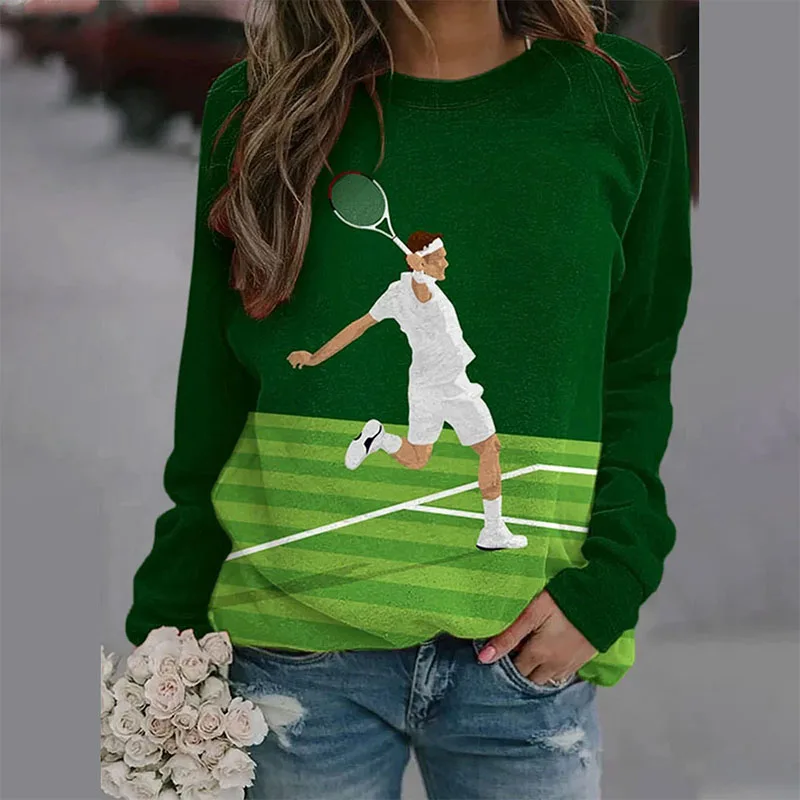 

Женская толстовка с круглым вырезом и принтом, рубашка с длинным рукавом, спортивный мягкий Свободный пуловер для тенниса, свитер, топы