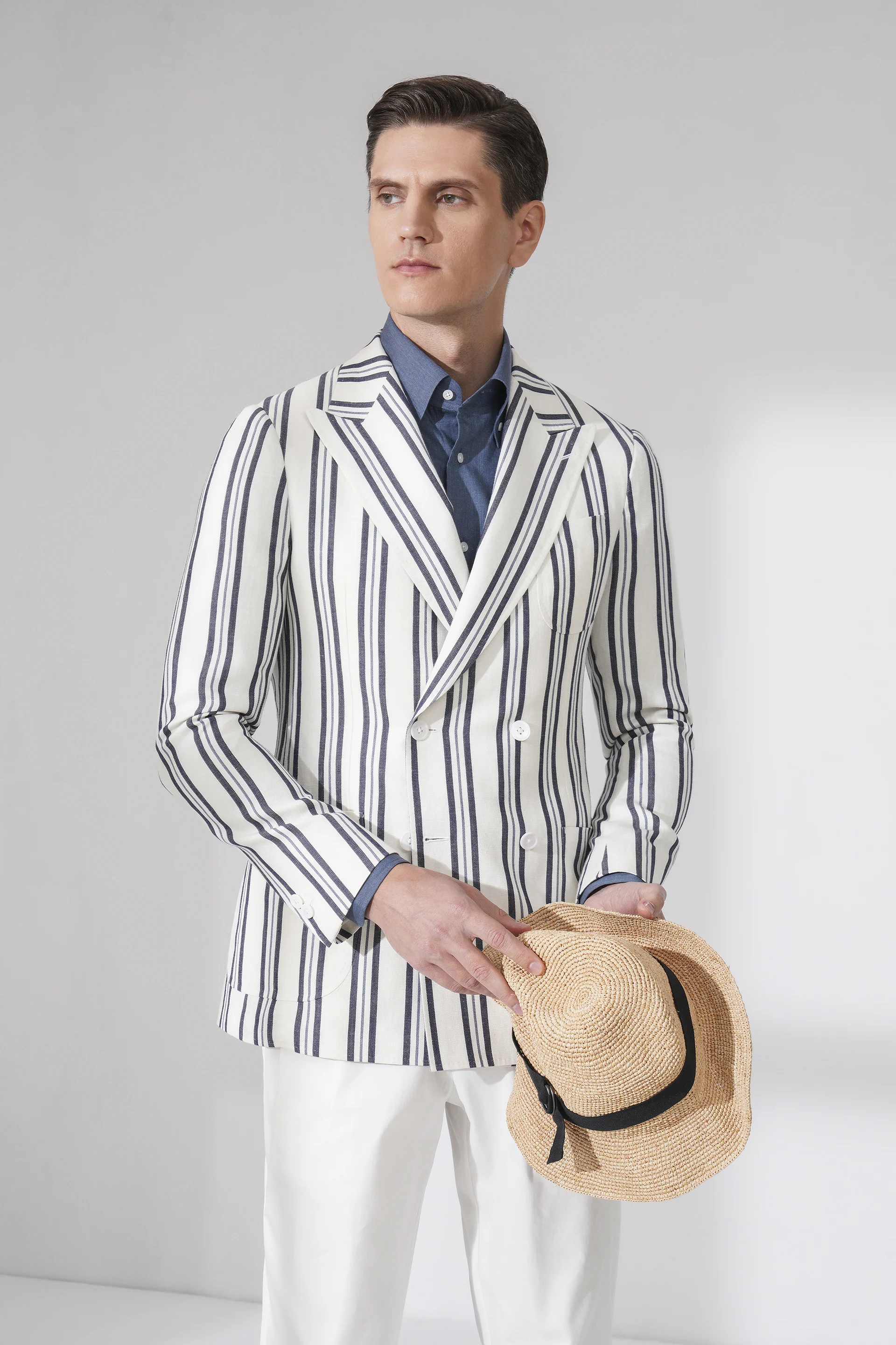 

Роскошная Европейская ткань для измерения мужской Костюмный пиджак на заказ блейзер с итальянским узором плечо из неаполита 40% шерсть 60% лен