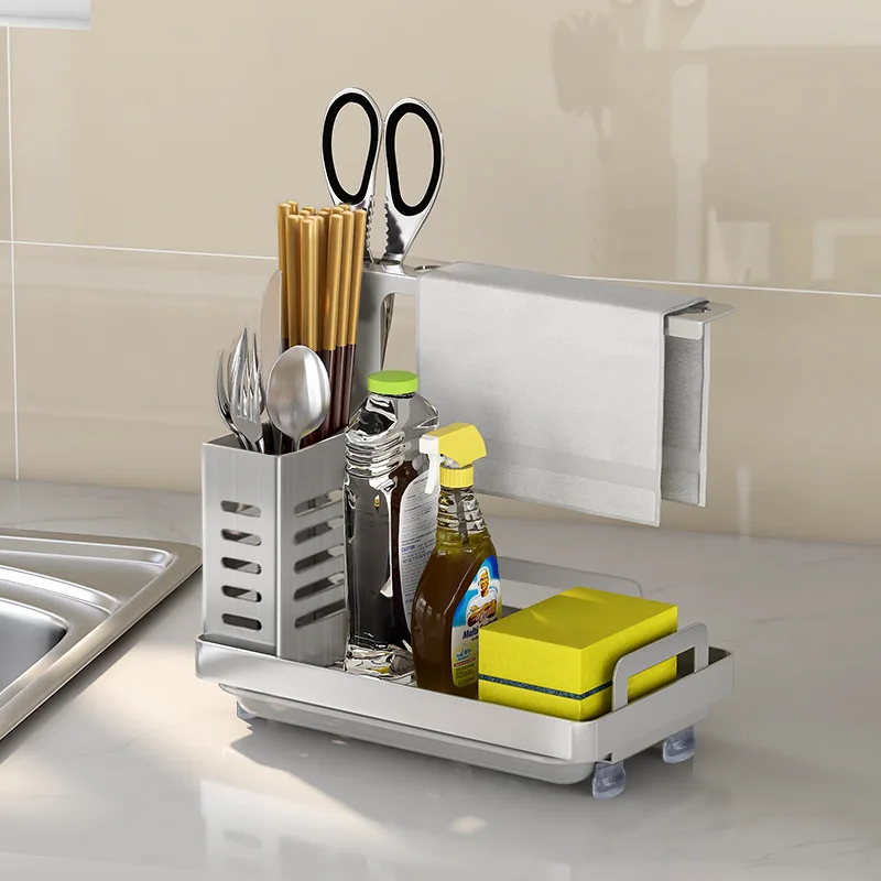 Organizador de fregadero de cocina de acero inoxidable, soporte para cepillo y jabón sin perforaciones, con bandeja de drenaje, estante de secado de cocina Premium