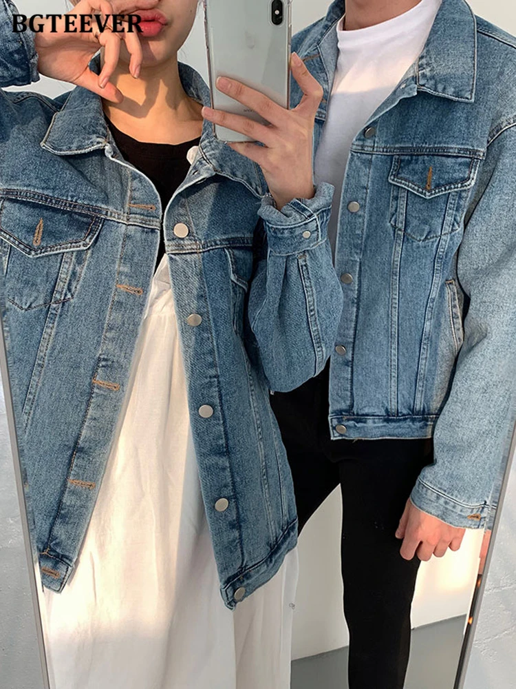 

BGTEEVER New Streerwear Loose Turn-down Collar Women Denim Jackets Long Sleeve Single-breasted Female Jeans Coats Ladies Outwear