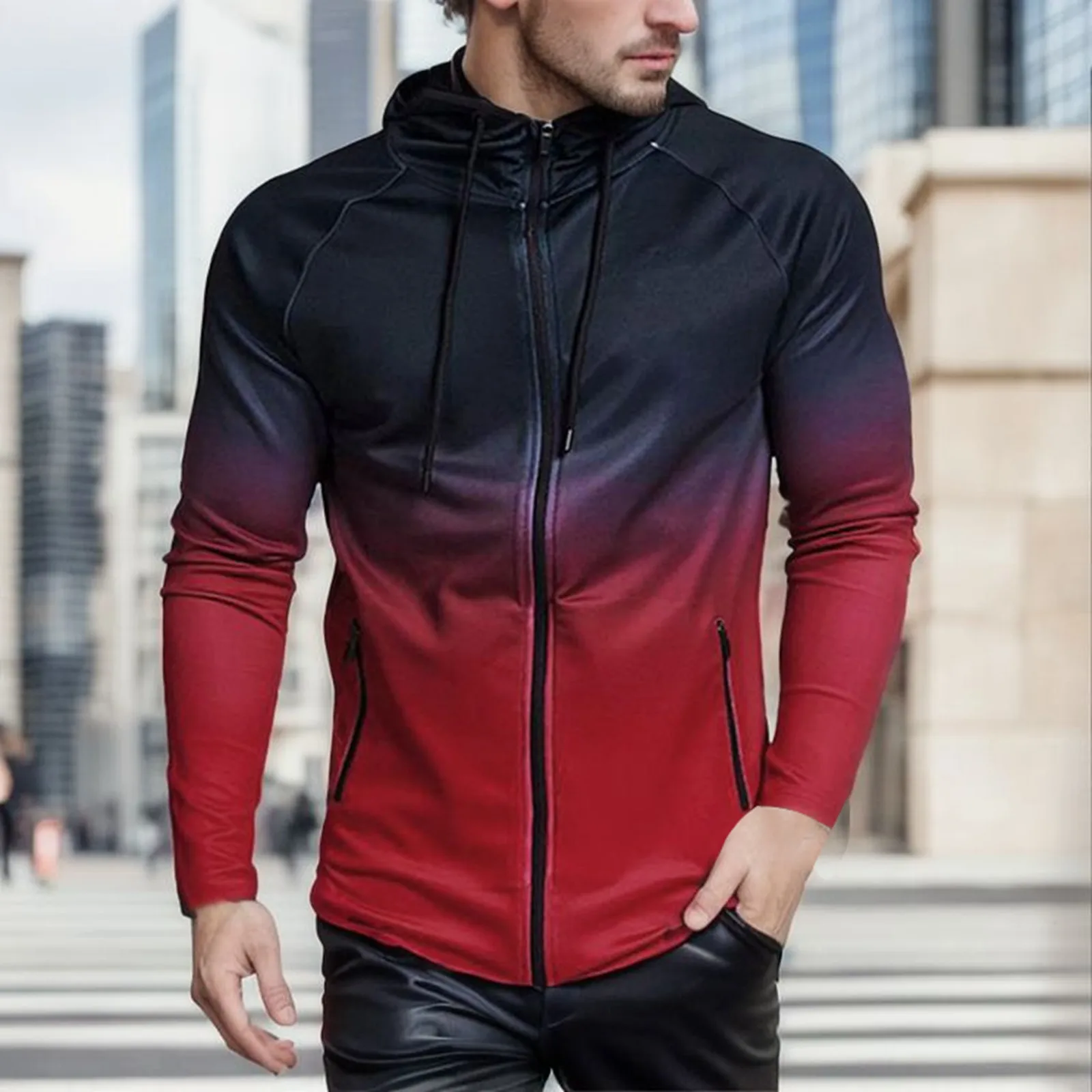 

Мужская толстовка с капюшоном, с длинным рукавом и карманами, на молнии