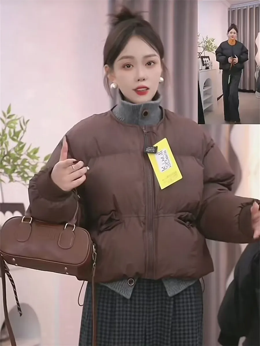 Короткая утолщенная хлопковая стеганая куртка с круглым вырезом для женщин зима