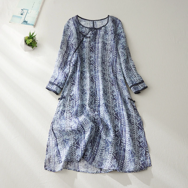 

Cotton Linen TopRamieVintage Slanted Lapel Button Shirt Women Mid Sleeve Printed Shirts Women's