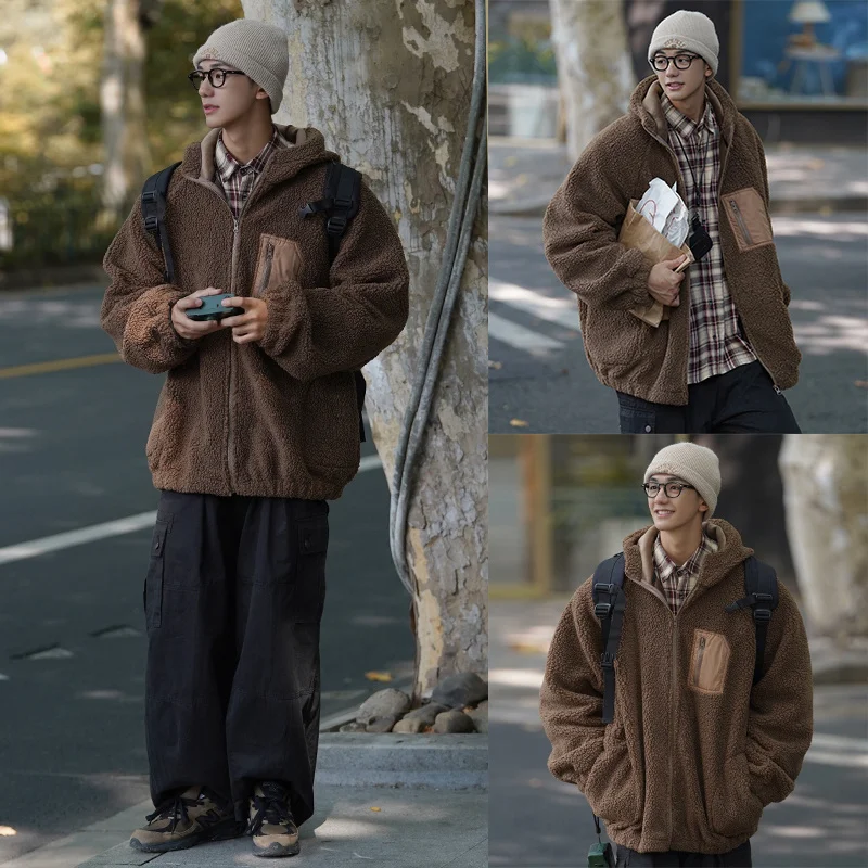Winter Jacket Men Warm Fashion Retro Thicken Lamb Hair Jacket Men Streetwear Korean Loose Thick Hooded Short Coat Mens Clothes