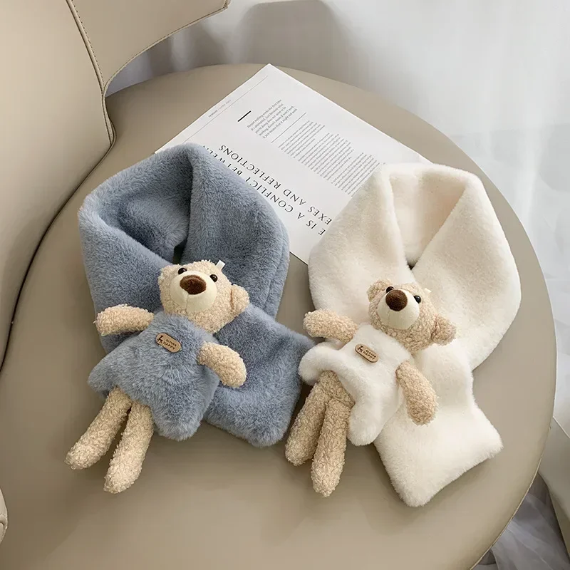 

Детский шарф с мультипликационным медведем, мягкие плюшевые плотные зимние теплые шарфы для новорожденных, однотонные шарфы для детей, шарф для маленьких девочек и мальчиков, 80x10 см