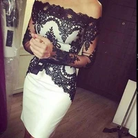 short mother of the bride dress off the shoulder knee length wedding guest gowns illusion long sleeves applique cocktail dress