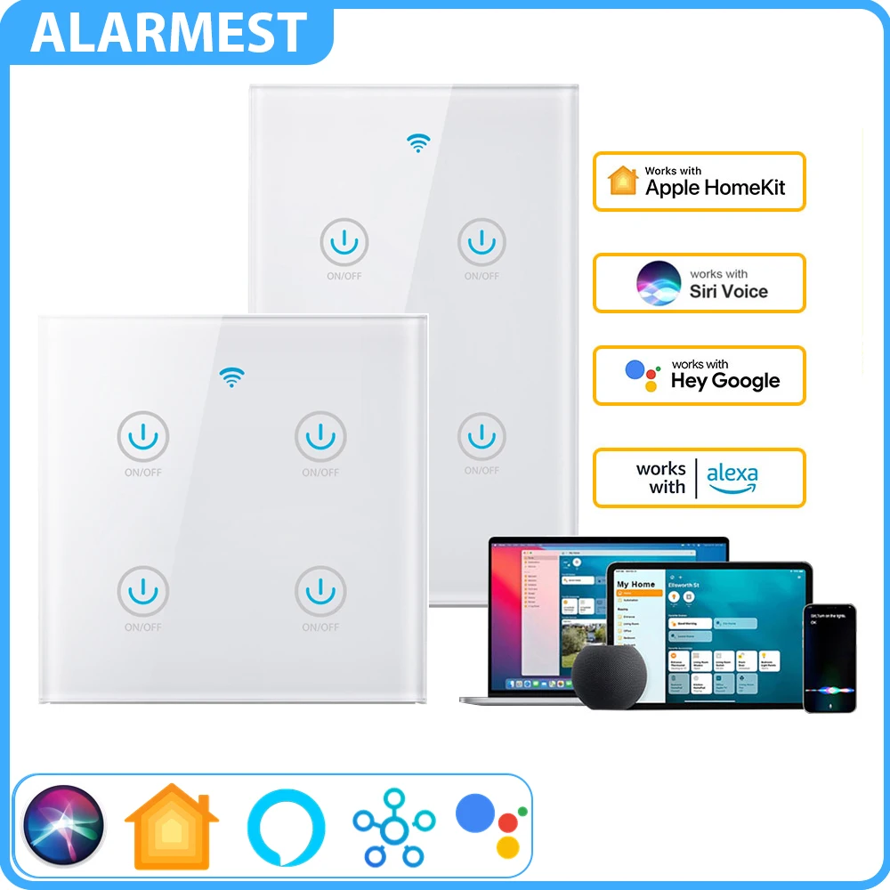 

Homekit No Neutral WiFi EU US Standard Smart Home Light Touch Switches 1/2/3/4 Gang Alexa Siri Voice Control