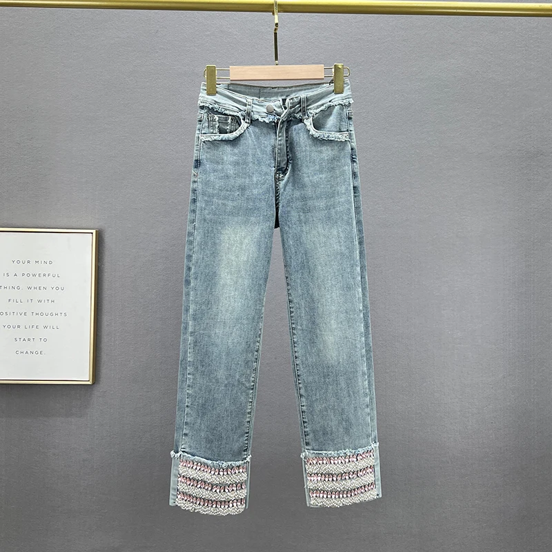 

Heavy Industry Denim Straight-Leg Pants Female 2023 New Spring Stretchy Washed Blue Jeans Girls Diamond Beaded Cropped Pants