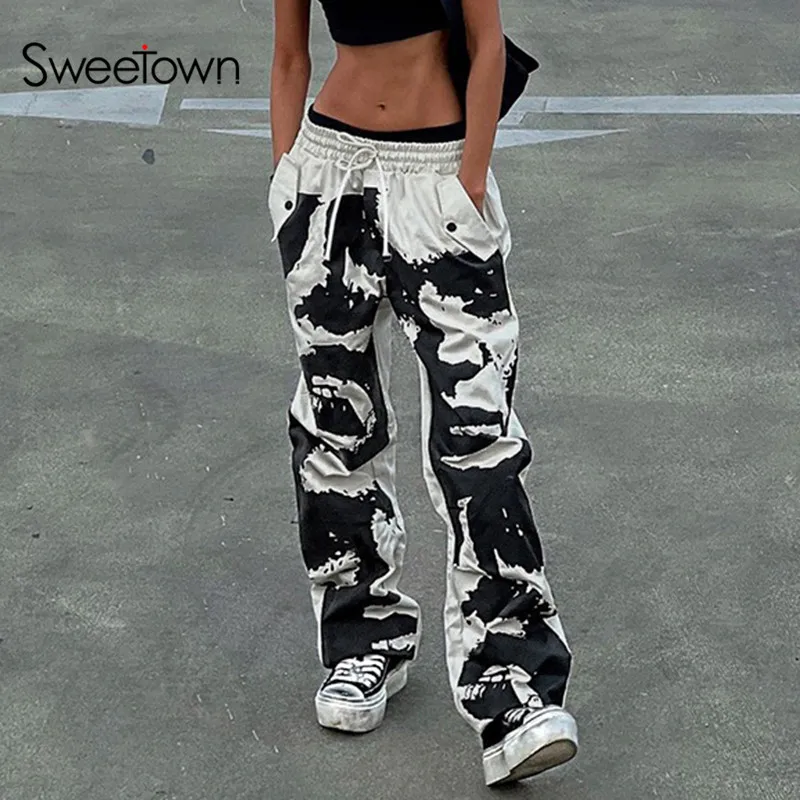 

Спортивные брюки sweetown с абстрактным принтом, контрастные Цветные Лоскутные эластичные с низкой талией, Повседневная Уличная одежда, прямые брюки Y2K