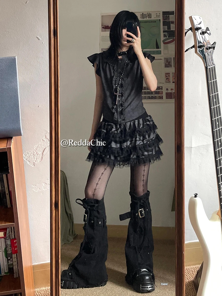 Женские черные гетры мини-юбка юбка с поясом и перекрестными заплатками