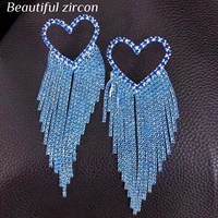 luxury womens long tassel heart shaped rhinestone pendant earrings fashion shiny blue crystal hanging earrings banquet jewelry