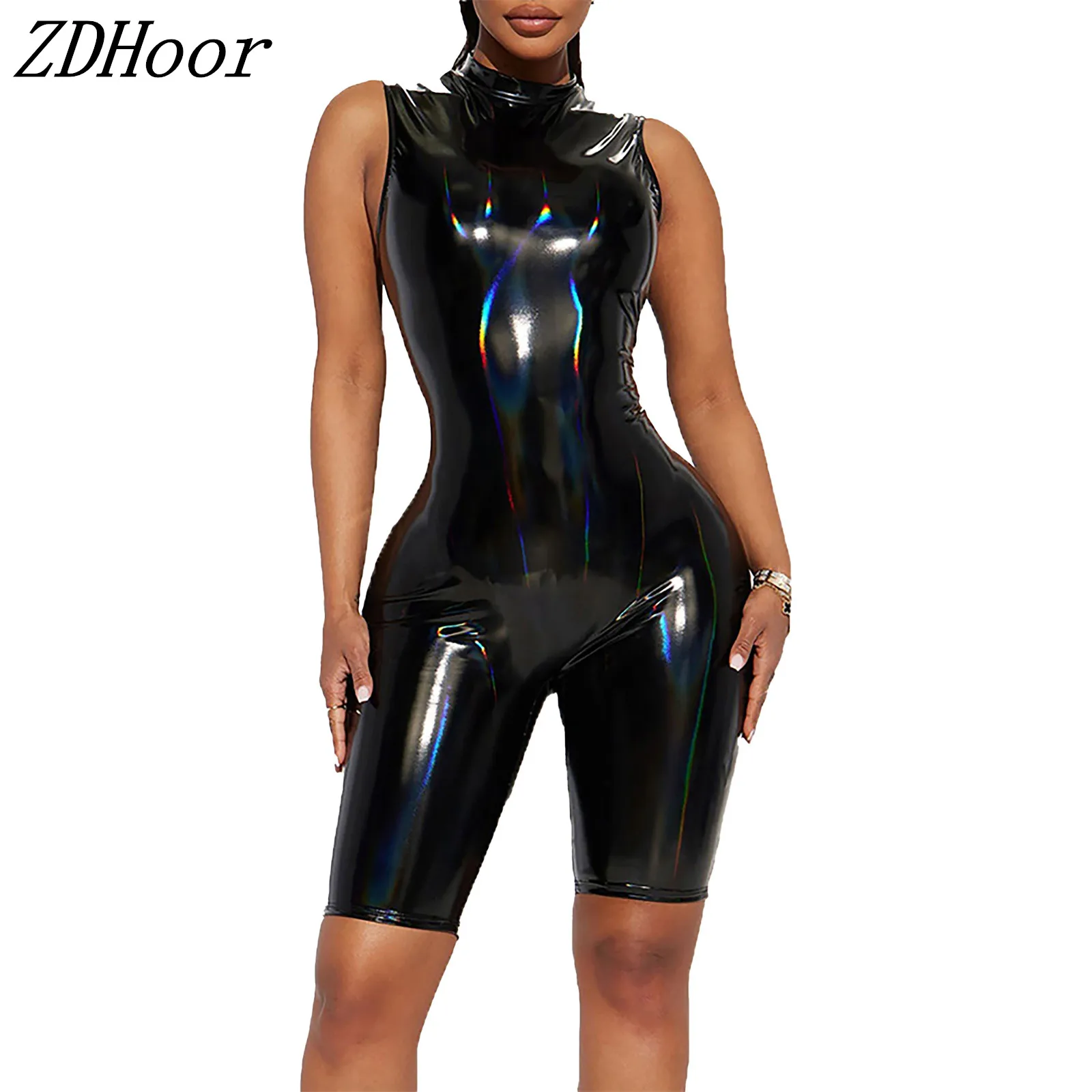 

Womens Glossy PU Leather Romper Bodysuit Mock Neck Sleeveless Back Zipper Fifth Pants Bodycon Jumpsuit Nightout Clubwear