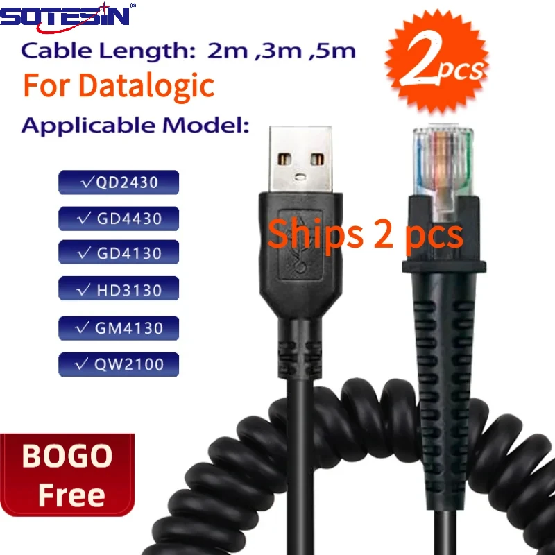 Фото Кабель SOTESIN спиральный, выдвижной, из чистой меди, USB-RJ50 для сканеров штрих-кодов Datalogic GM4430, QW2120, QD2430, GD4130, QW2100 №1