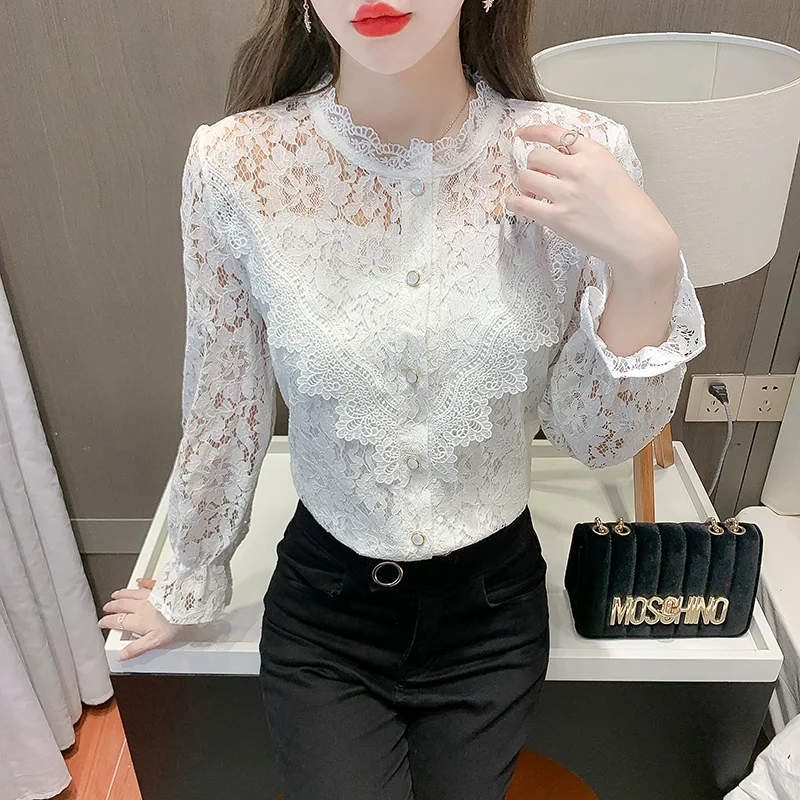 Women Tops Long Sleeve Blouse Blusas Mujer De Moda Verano Elegantes Shirts Spring and Summer Lace Ruffles Korean Version