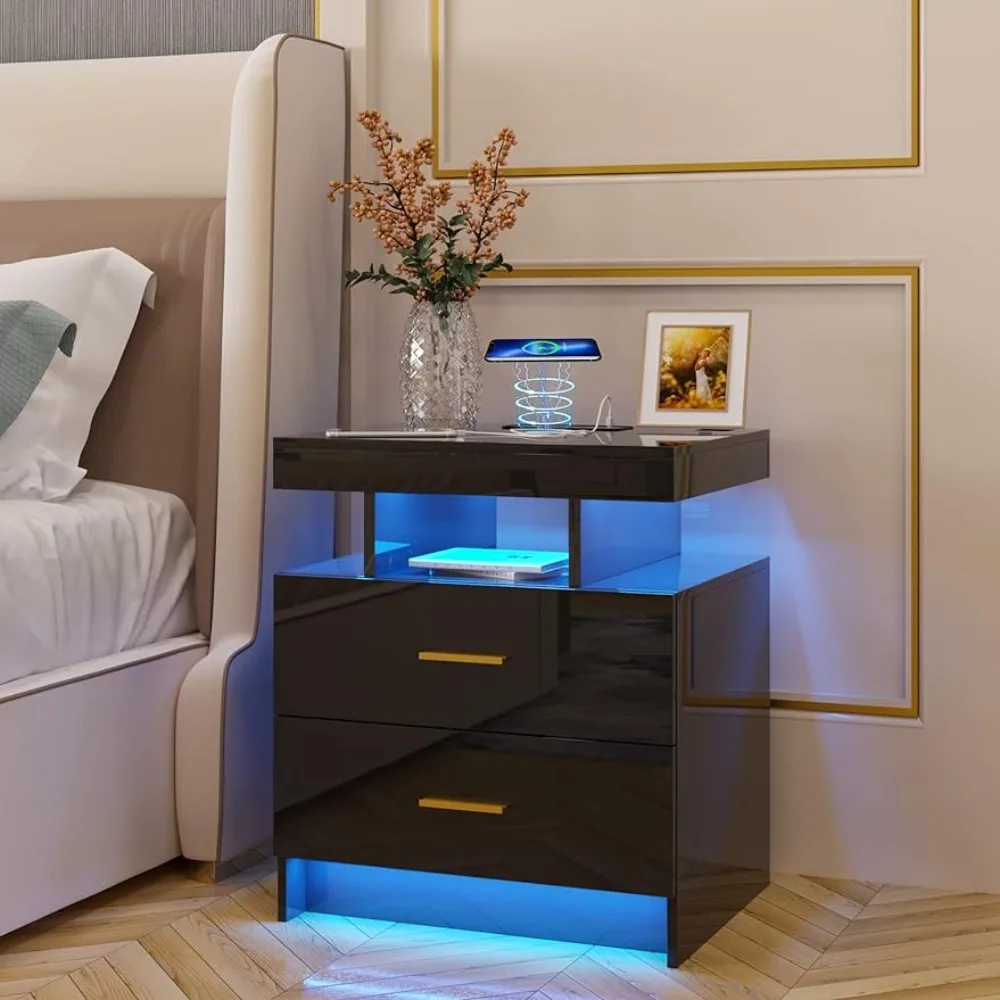 

HNEBC Auto LED Nightstand with Wireless Charging Station &USB Ports,High Gloss Bedside Tables with 2 Drawers,Floating Nightstand