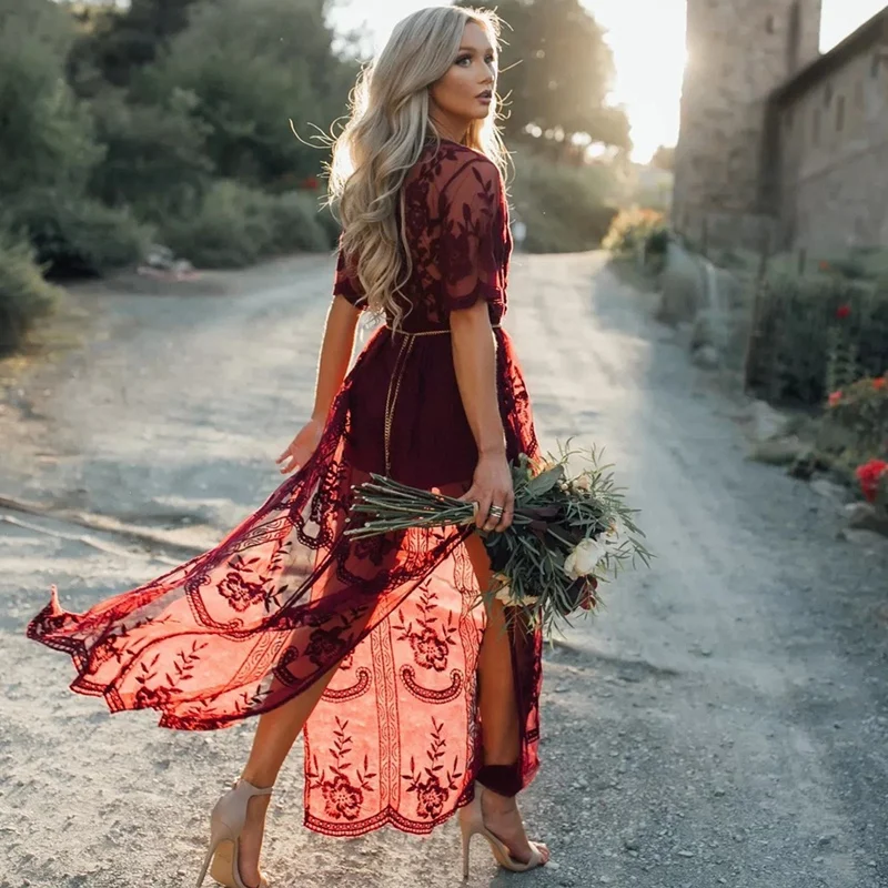 

Women's Sexy Deep V-Neck Sleeve Lace Perspective Tight Slit Long One-Piece Dress Red One Size