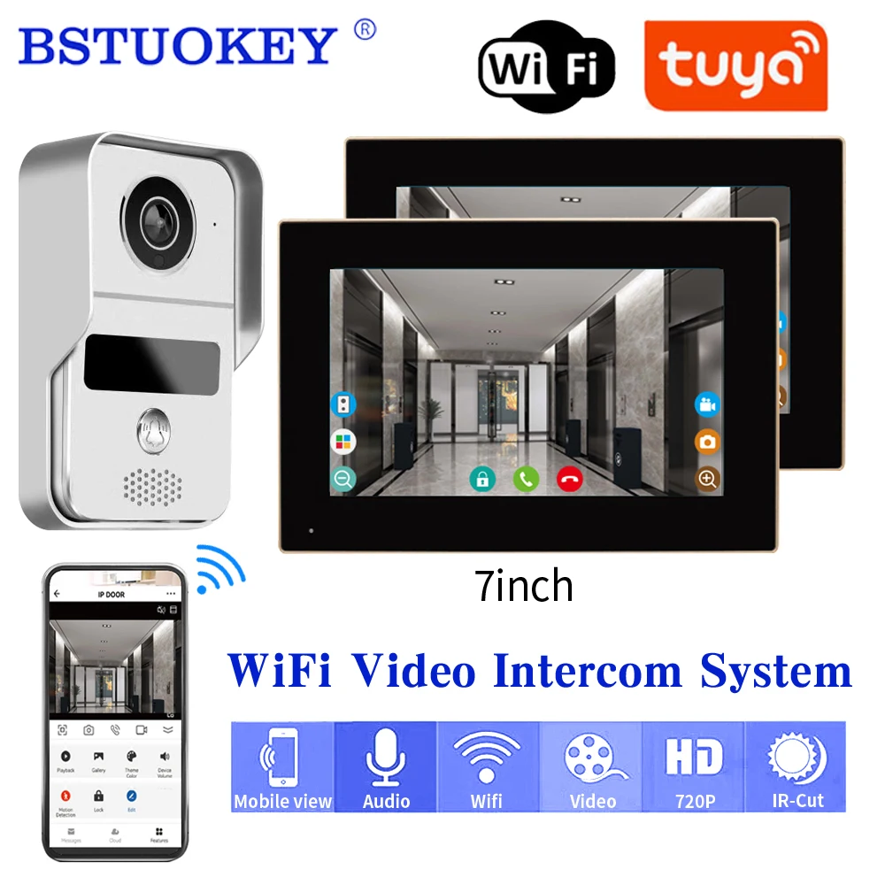 Tuya Smart Wifi Video Doorbell Home Intercom Phone 1080P RFID Wireless Door Viewer Camera Intercom 7 inch Screen Motion Record