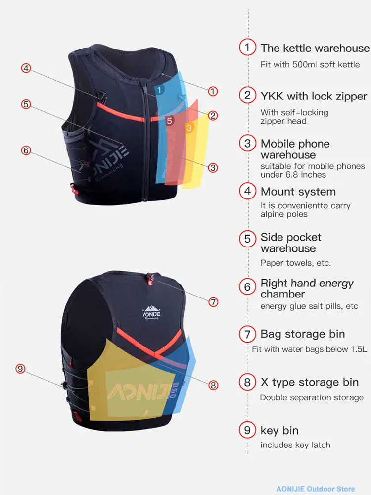 AONIJIE Running Vest Men Women Quick Dry Close Fitting Hydration Backpack Bag with Zipper for Marathon Hiking 6-10L C9106