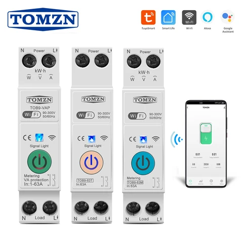 Умный выключатель TOMZN 63a 1P + N с Wi-Fi, измеритель энергии в кВтч, схема измерения, фотореле, MCB TUYA smartlife