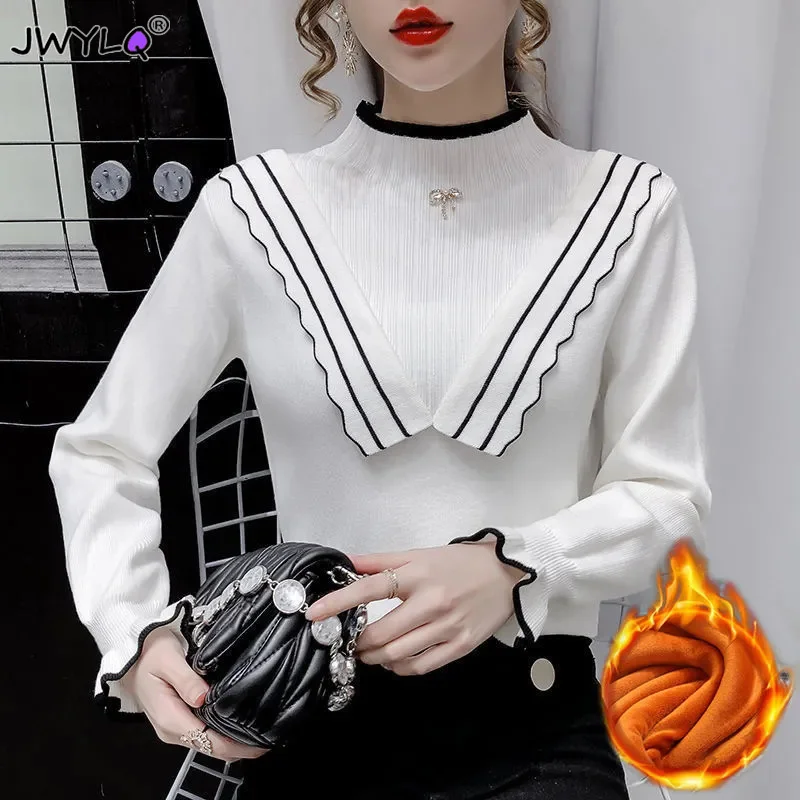 Ruffle Knitwear Loose Ladies Sweaters Pullover Women Autumn Winter Thicken Half Turtleneck Elegant Tops Korean Fashion Sweaters