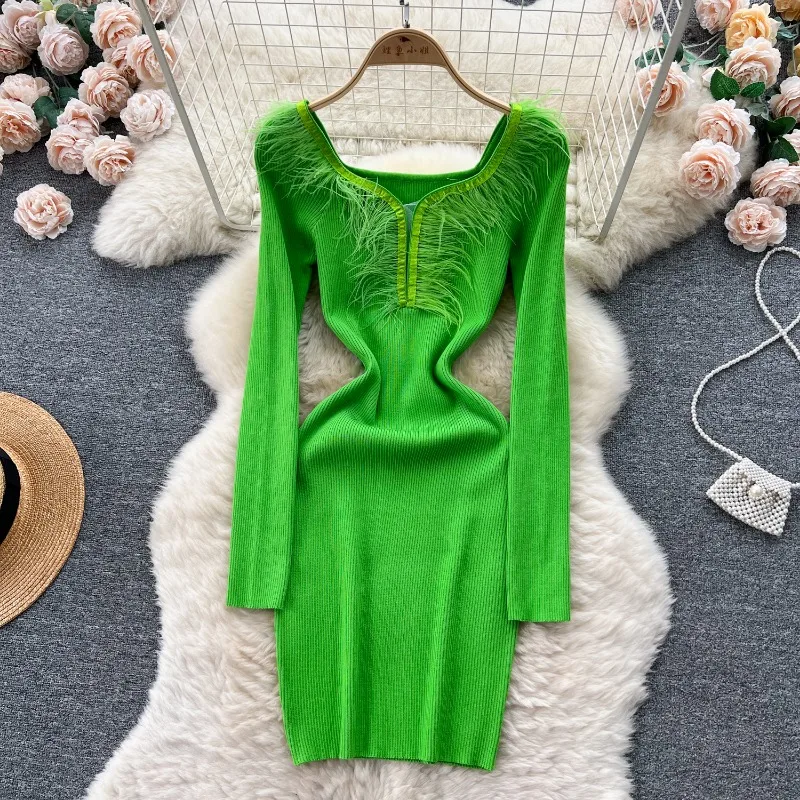 

Женское вязаное платье из меха светской мозаики, Женская высокая талия, тонкий темперамент, юбка на бедрах с сумкой, сексуальная, горячая девушка, осень, зима