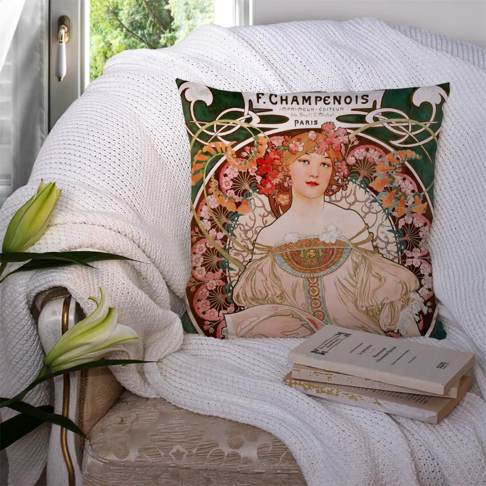 

Custom Alphonse Mucha Square Pillowcase Polyester Linen Velvet Printed Zip Decor Pillow Case Car 22119-03