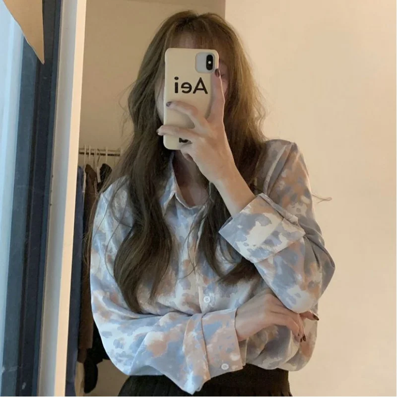 

Fall 2023 women's long-sleeved blouse loose tie-dye retro