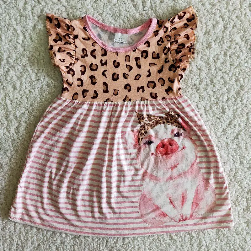 

RTS Wholesale Baby Girls Dress Leopard Pattern pig Print Pink Stripe Flutter Sleeve Knee Length Boutique Dress Kids Clothes