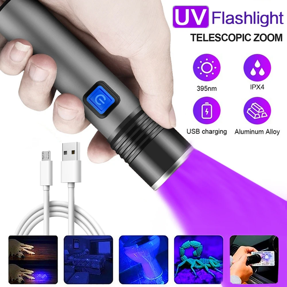 D5 Rechargeable LED UV Flashlight Ultraviolet Torch Zoomable Mini 395nm UV Black Light Pet Urine Stain Detector Scorpion Hunting