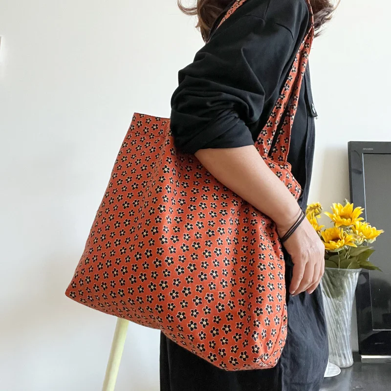 

Retro Flower Women's Daily Shopping Bag Large Capacity Ladies Thin Cloth Shoulder Bags Casual Portable Female Purse Handbags