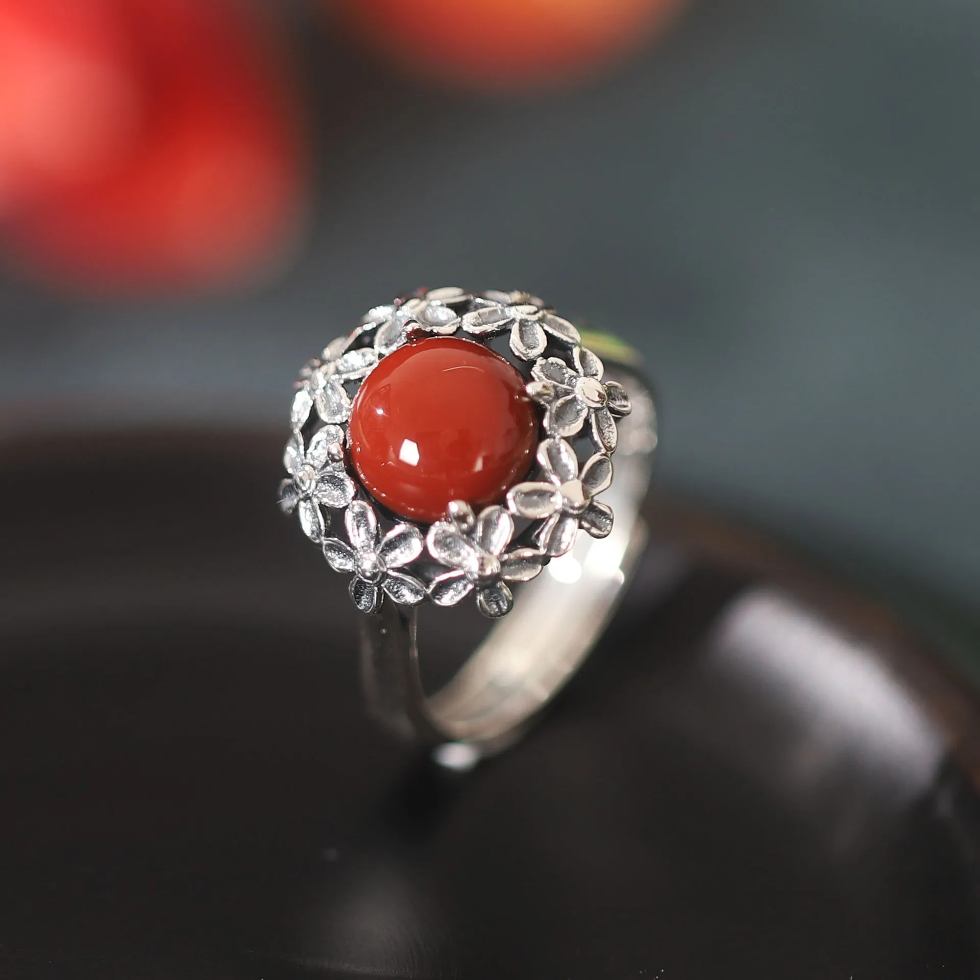 

JZ247ZFSILVER Thai Silver 925 Fashion Trendy Hetian Jade South Red Agate Retro Flower Daisy Ring For Women Wedding Party Jewelry
