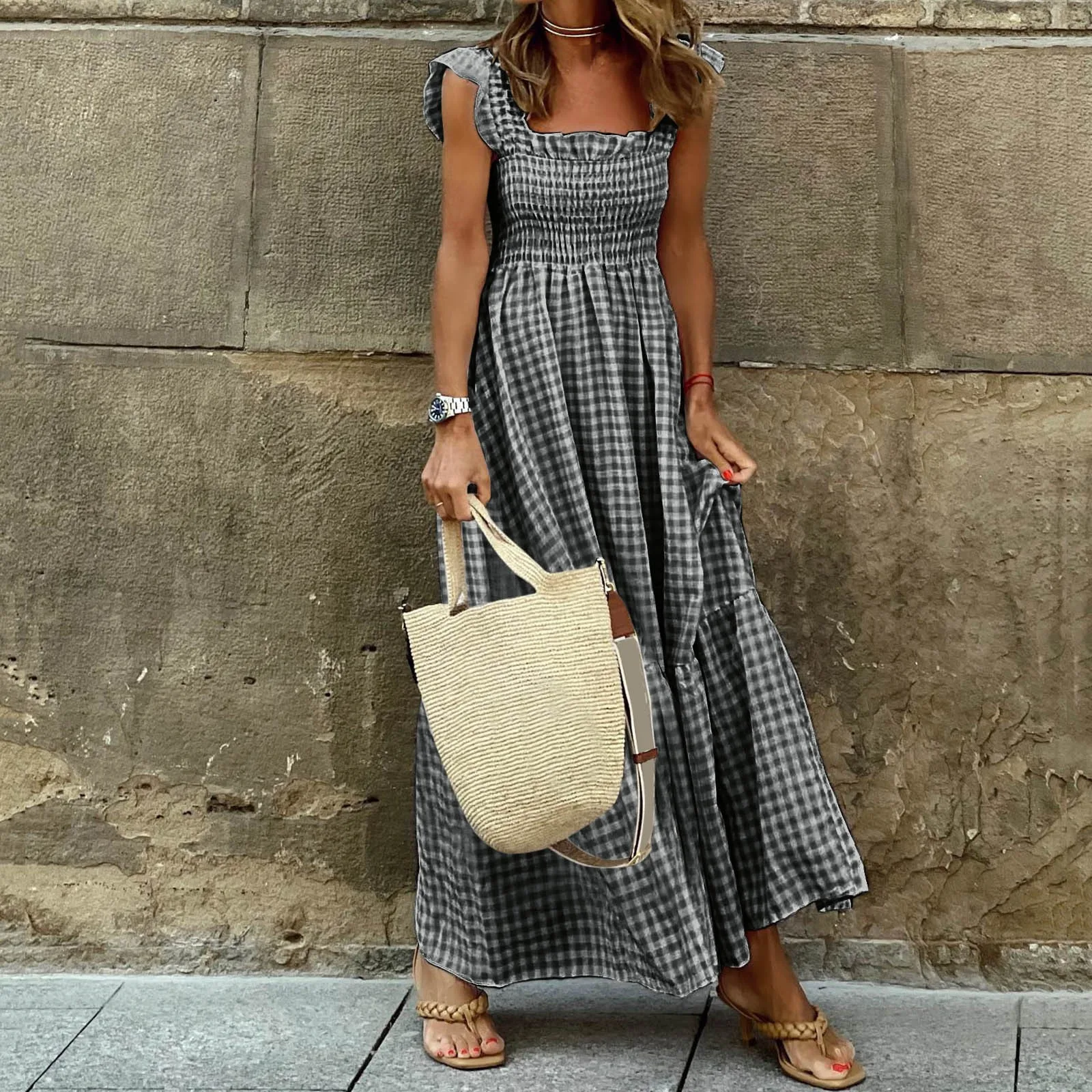 

Ladies Elegant Square Collar Plaid Party Maxi Dress Women Summer Casual Sleeveless Smocked High Waist Flowy Tiered A Line Dress