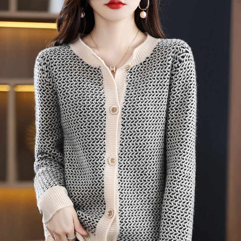 Intarsia Cardigan Women's Pure Wool Knit Sweater 22 Autumn and Winter Elegant Round Neck Cashmere Sweater Loose Jacket Top Trend