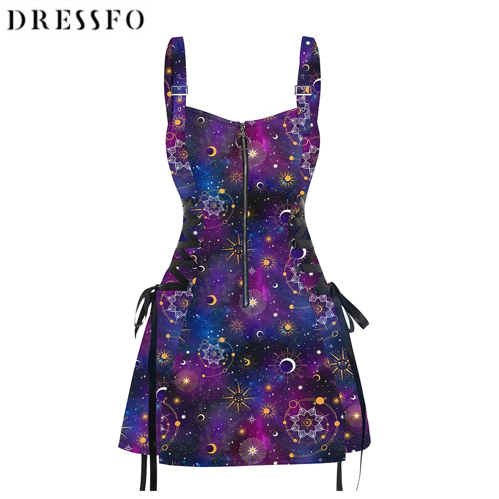 

Women Dress Celestial Galaxy Sun Moon Star Print Dress Lace Panel Crisscross High Waisted Sleeveless A Line Midi Summer Dress