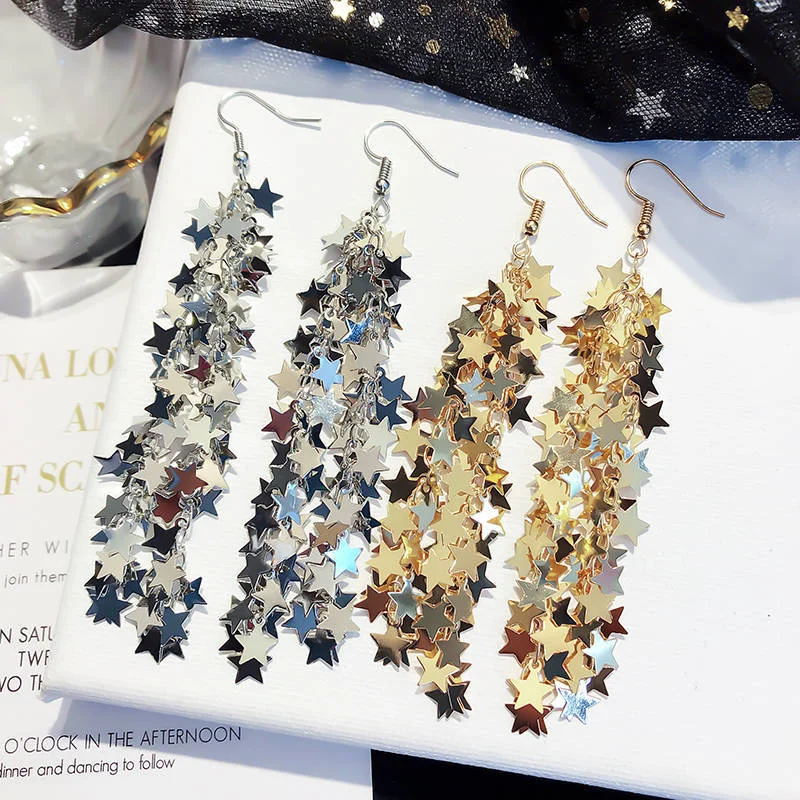 

1pcs new tide sequins pentagram earrings female long paragraph tassel temperament Korea super fairy net red earrings fashion