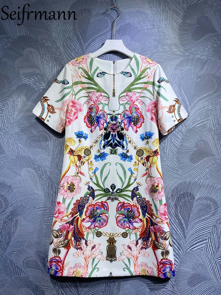 

Seifrmann High Quality Summer Women Fashion Designer Mini Dress Short Sleeve Ditsy Flower Printed Gorgeous Crystal Party Dresses