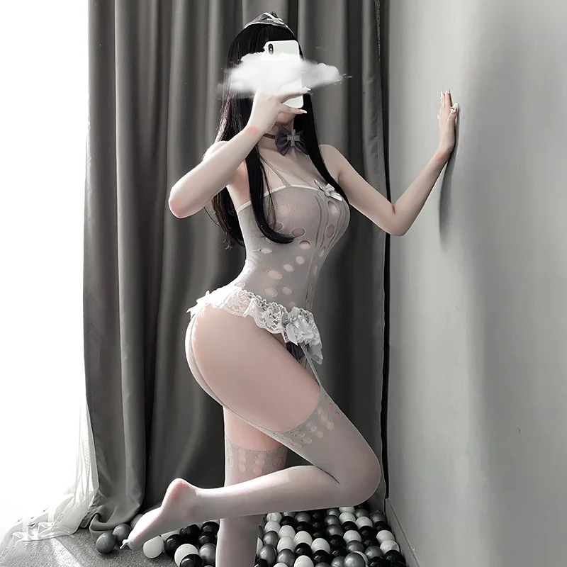 

Sexy Lingerie Hollow Lace Mesh Bodysuit Exotic Costumes Underwear See Through Lingerie Nurse Cosplay Costume Uniform suit