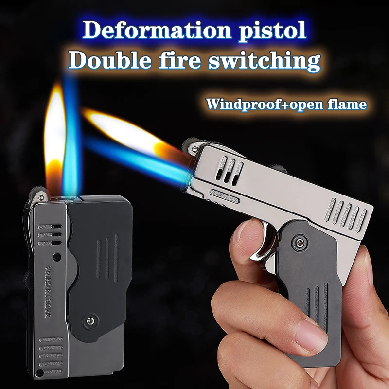 

Unusual Lighter Turbo Torch Windproof Spray Gun Butane Dual Flame Switch Pistol Model Smoking Accessories for Men Gifts