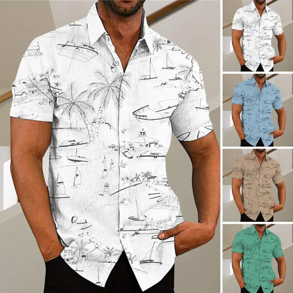 

Stylish Men Shirt Turn-down Collar Washable Beach Vacation Male Casual Shirt Loose Male Top Dating Wear