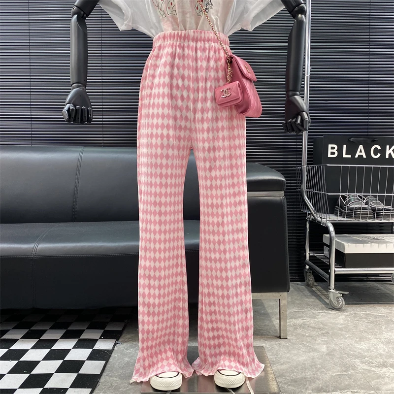 New 2022 Designer new style Famous brand Rhombic lattice Casual pants High waist Versatile Loose Pleated bell-bottom pants